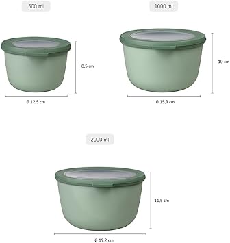 Mepal Multi Bowl Cirqula 3-Piece Set Food Storage Container with Lid - Suitable as Airtight Storage Box for Fridge & Freezer, Microwave Container & Servable Dish - 500, 1000, 2000ml - Nordic Sage