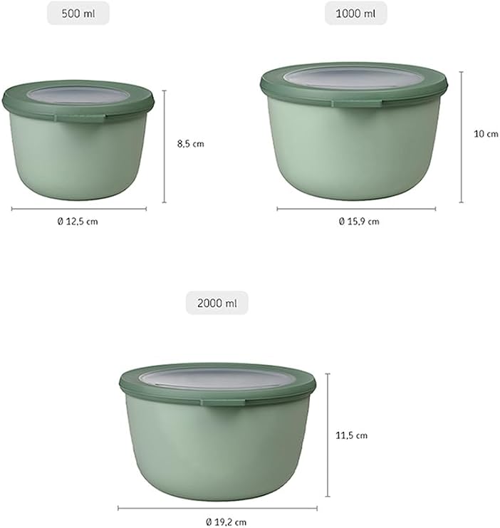 Mepal Multi Bowl Cirqula 3-Piece Set Food Storage Container with Lid - Suitable as Airtight Storage Box for Fridge & Freezer, Microwave Container & Servable Dish - 500, 1000, 2000ml - Nordic Sage