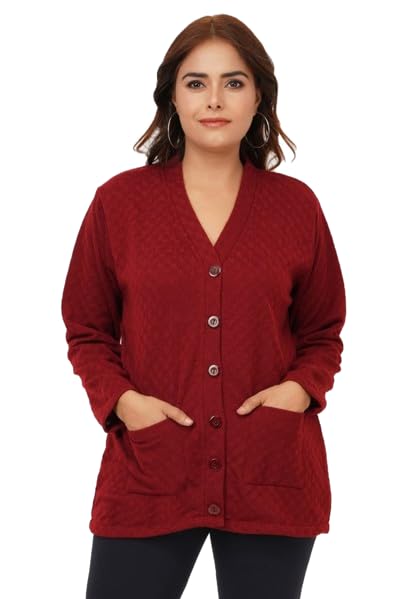 URBANROCKWomen's Woolen V-Neck Cardigan Sweater with Front Pockets for Winter Wear