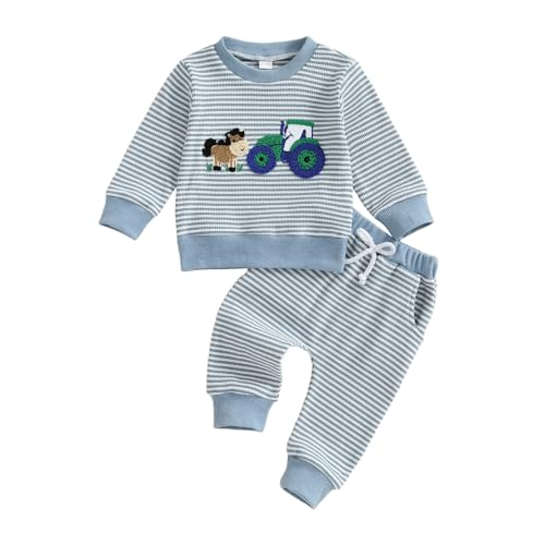 Generisch 2025 Traje de punto para bebé, bordado de granja, top de manga larga y pantalones a rayas de dos piezas para el otoño, azul, 12-18 meses