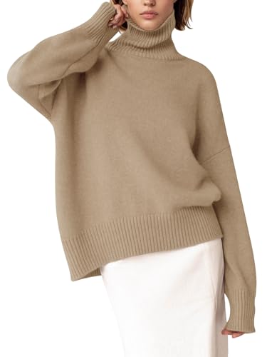 Image of YKR Women's Turtleneck Sweater Chunky Long Sleeve Knitted Pullover High Low Hem Sweater Jumper Top Darkapricot XXL