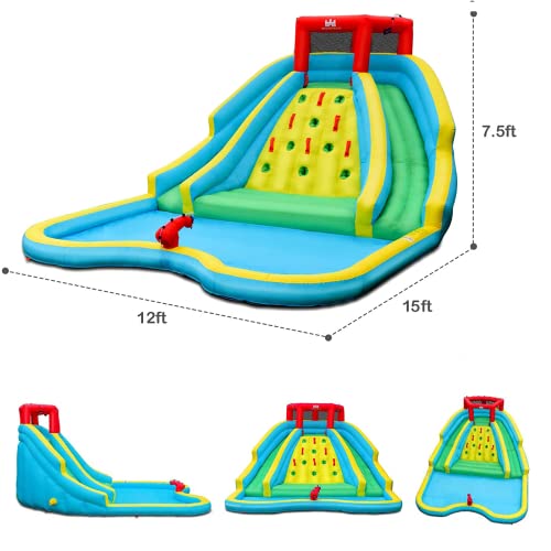 BOUNTECH Inflatable Water Slide Park, 15x12FT Double Slides Kids Mega Waterslide for Outdoor Racing Fun, Heavy Climbing Wall, Blower, Blow up Water Slides Inflatables for Big Kids Backyard Party Gifts
