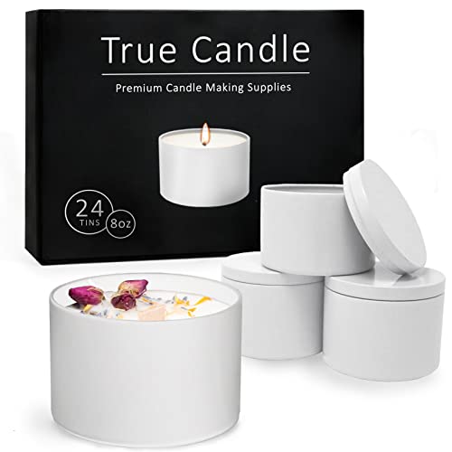 True Candle | 24 Lavender White 8oz Candle tins | New edgeless Cylinder Design | Candle tins for Making Candles, Candle tin can, Candle Making Supplies,tin Candle containers,Empty Candle Jars