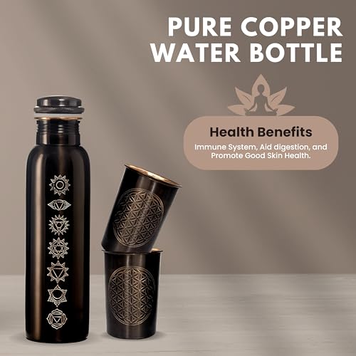 Image of Copper Water Bottle 1 Ltr | Copper Water Bottle with Glass Set | Meena Work | 100% Pure | Leak-Proof | 2 Water Glass 300ml each | Best for Gifting ((Asth Mangla Design))