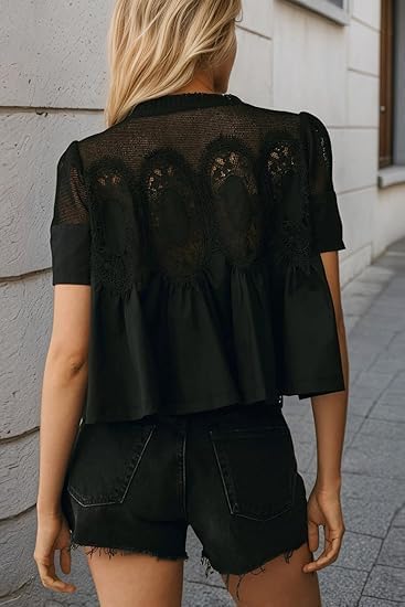MISSACTIVER Women Lace Trim Short Sleeve Blouse Swing Crew Neck Ruffle Hem Mesh Shirts Summer Loose Poplin Babydoll Tops - Image 2