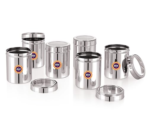 SUVI 1 kg Stainless Steel Kitchen Containers with See Through Lid (1250ml - 6pcs) | Ubha Dabba Multipurpose Storage | Steel Storage Containers for kitchen Food Grains Capacity - 1kg Approx (Pack of 6) SUVI 1 kg Stainless Steel Kitchen Containers with See Through Lid (1250ml - 6pcs) | Ubha Dabba Multipurpose Storage | Steel Storage Containers for kitchen Food Grains Capacity - 1kg Approx (Pack of 6)