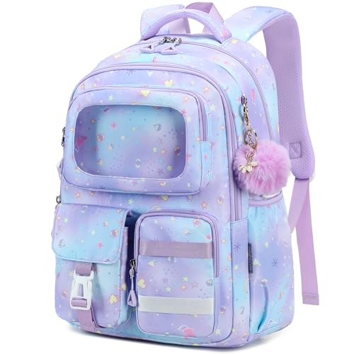 AO ALI VICTORY Mochila para meninas com lancheira, mochilas escolares para estudantes do ensino fundamental, conjunto fofo de mochila para livros, Roxa, Medium