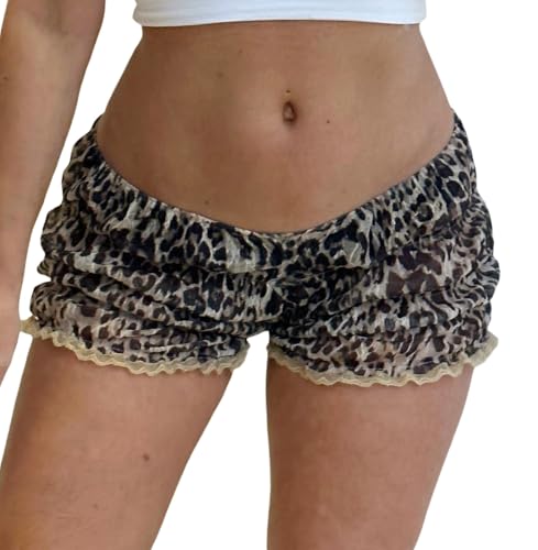 Image of NUFIWI Women's Y2k Ruched Mini Shorts Low Waist Ruffle Frill Bloomers Lounge Pajamas Smocked Micro Shorts Sleepwear