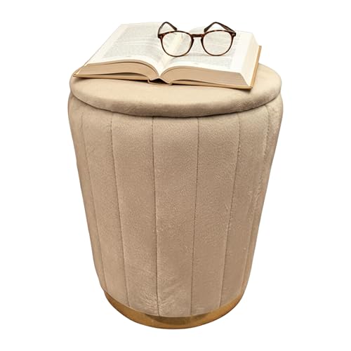 Relaxdays Otomana de Almacenamiento de Terciopelo, puf Redondo tapizado, 42 x 32 cm, Color café para salón, Color Beige