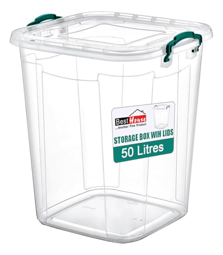 Best House | Plastic Storage Box with Clips & Lids | Size: 50L (L:42.4cm W:40cm H:48.8cm) | Set of 1 | Square Shape | Stackable Clear Durable Multipurpose Office Home Kitchen Tools Crafts (LARGE Size)