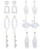 Florideco 6Pairs Statement Earrings for Women Drop Raffia Earrings Boho Long Tassel Earrings Dangle Geometric Earring Fringe Drop Handmade Hot Pink Earring for Women White