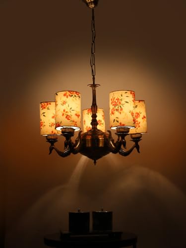 Image of Devansh 05-Light Round Printed Multicolor Cotton Shade Chandelier - Antique Golden Finish | Adjustable Cord | Warm Glow Lamp - Ceiling Light for Living Room, Dining Area, BedroomDecor - D10