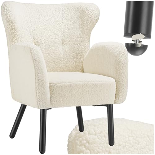 TecTake® Sillón Orejero Tapizado en Bouclé, Butaca de Salón, Sillón de Lectura Acolchado, Silla Diseño Escandinavo con Reposabrazos, Estructura en Acero y Topes Antideslizantes, Muebles de Salón