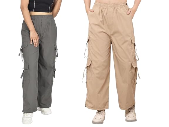 Image of Women's Cargo Pants, Soft NS Fabric Elastic Waistband, Multi-Pocket, Wide Leg, Pack of 2 Size(26,28,30,32,34,36)