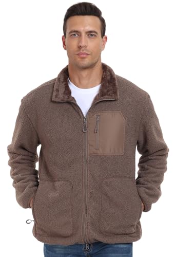 Image of PEGENO Men's Fuzzy Sherpa Warm Fleece Jackets Stand Collar Teddy Velvet Full Zip Outdoor Winter Soft Coat With Pocket,01 Brown,XXL