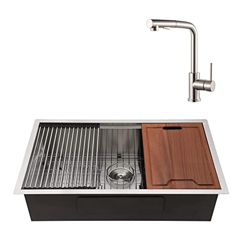 Lordear 32 Inch Undermount Workstation Kitchen Sink 16 Gauge Stainless Steel Single Bowl Ledge Workstation Sink Bundle With 2 Water Function Setting Pull Out With Sprayer Wet Bar Brushed Nickel Fauce #TOP27