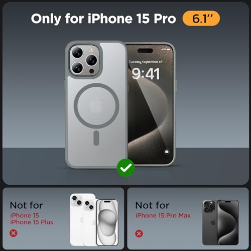 Image of Miracase Magnetic for iPhone 15 Pro Case 6.1 inch (Compatible with MagSafe)(with 2X Screen Protectors)Military-Grade Protection, Anti-Fingerprint Translucent Matte Phone Cover, Gray