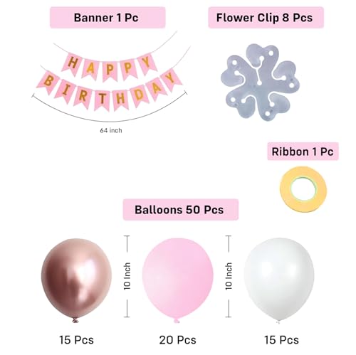 Image of Party Propz Flower Balloons For Decoration - 60 Pcs | Pink And White Balloons For Birthday | Flower Clips | Flowers Decoration For Birthday Party | Happy Birthday Banner (Latex)