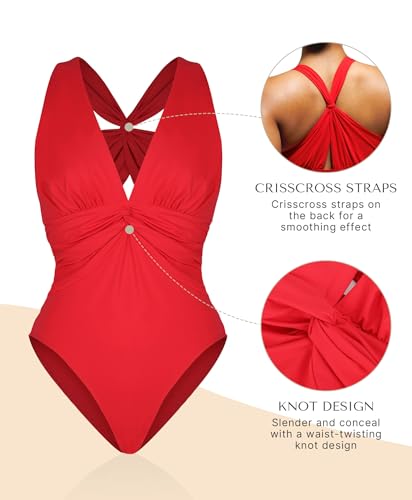 Image of SHAPELLX Women's One Piece Swimsuit Tummy Control Ruched Full Coverage Bathing Suit V Neck Slimming Swimwear