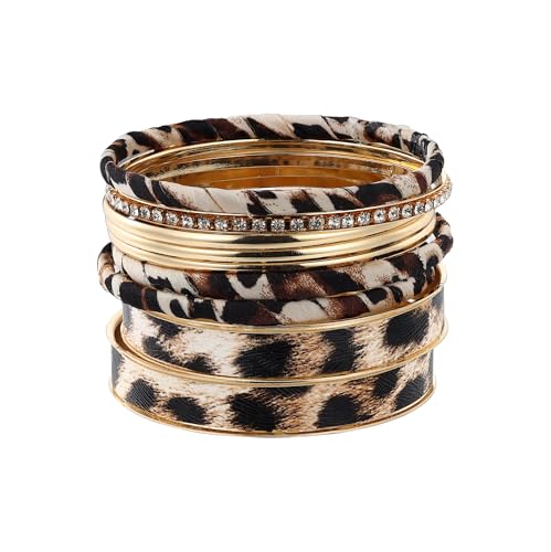 Manfnee Bracelets rigides à imprimé léopard pour femmes Ensemble de bracelets rigides épais en or pour femmes