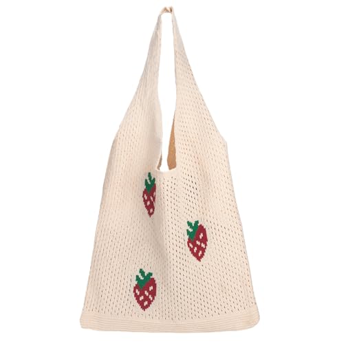 LJCTULY Cute Strawberry Crochet Tote Bag - Y2K Cottagecore Aesthetic Knitted Shoulder Purse for Women, Summer Mesh Beach Handbag, Reusable Grocery Shopping for Girls