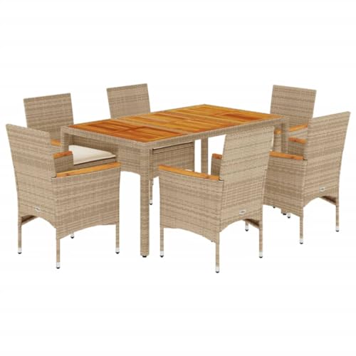 vidaXL Garten Essgruppe 7-TLG., Gartenmöbel Set mit Kissen, Gartengarnitur Tisch 6 Stühle, Lounge Sitzgruppe Sitzgarnitur, Beige Poly Rattan Akazie