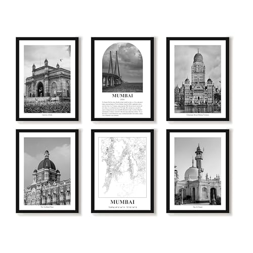 Image of PAINTINGMANTRA Framed Painting A3 Mumbai Wall Art Prints Pack of 6,Heritage Landmark, Gateway of India, Bollywood Cityscapes, Photos for Living Room,Bedroom, Office Decoration (32x44 cm)
