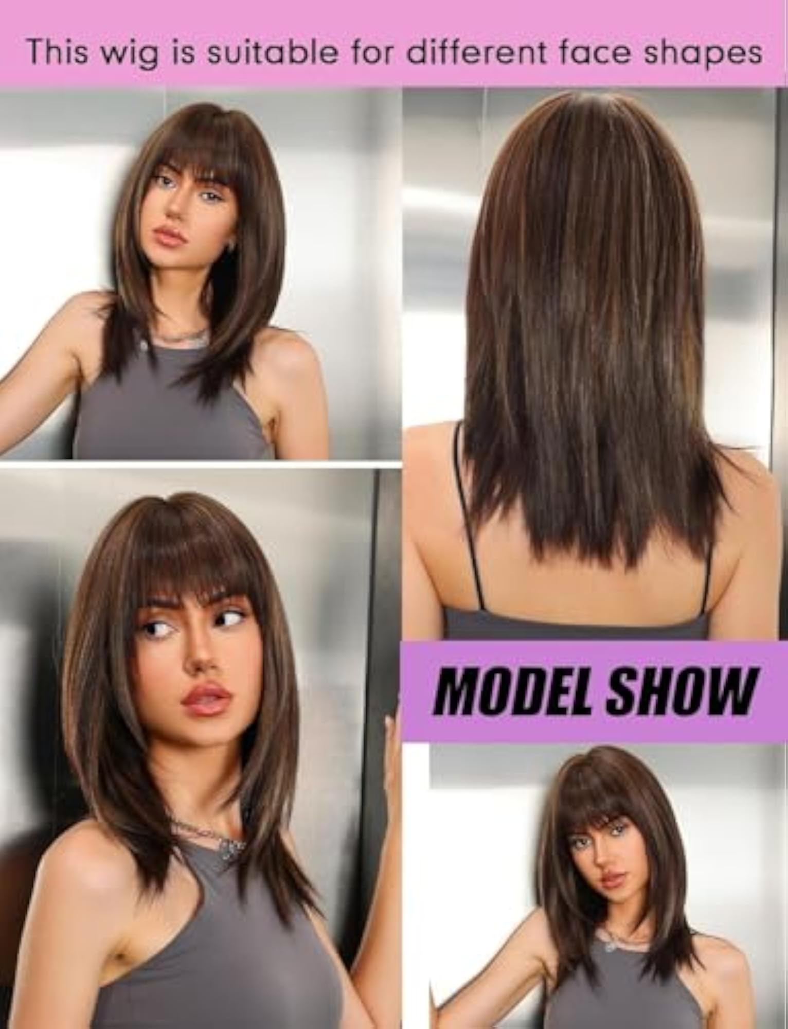 Brown Shoulder Length Wig with Bangs for Women, 22 Inch