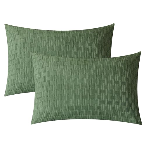 JELLYMONI Pillowcases Standard Size Olive Green 2 Pack Waffle Plaid Bed Pillow Covers 20x26in...