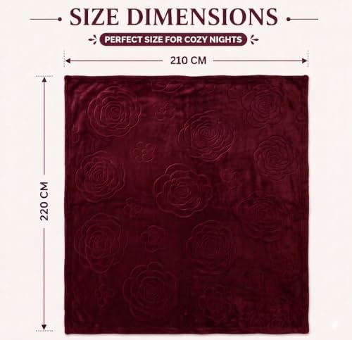 Image of VAS COLLECTIONS 280 GSM Micromink Blanket, Premium Soft Warm Cozy Blanket, Plush Double Bed Blanket, Ultra Soft Comfortable Bedding, Embossed Floral Design, 82 x 86 Inches (208 x 218 cm) - Wine Red