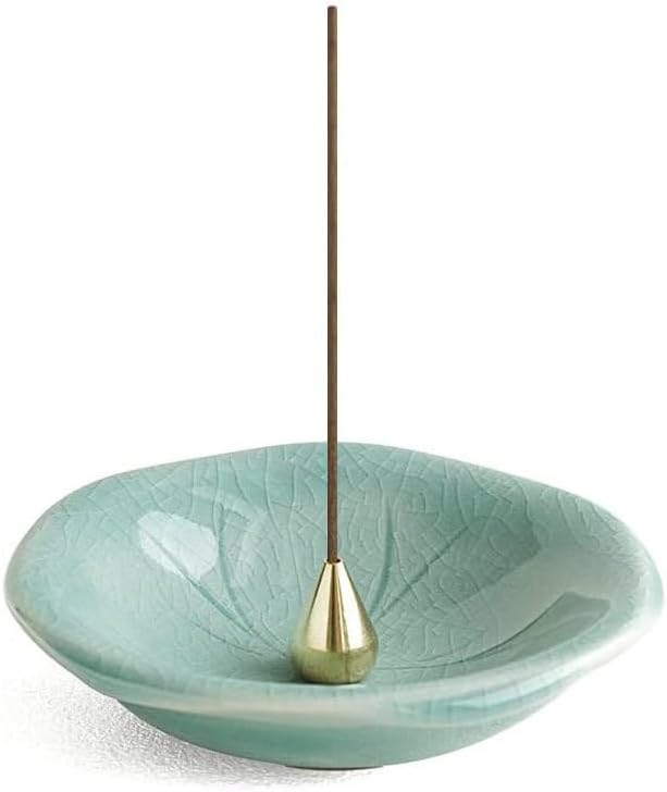 Incense Holder, Lotus Leaf Incense Stick Holder, Ceramic Incense Burner Tray with Brass Holder, Korean Celadon Incense Burner