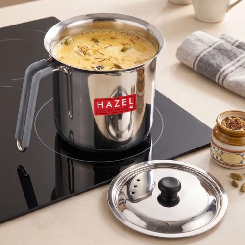 Image of HAZEL Steel Milk Pot with Lid |Stainless Steel Milk Boiler Container | Milk Boiling Vessel Gunj for Kitchen (Tope with Lid & Handle, 1700 ML)