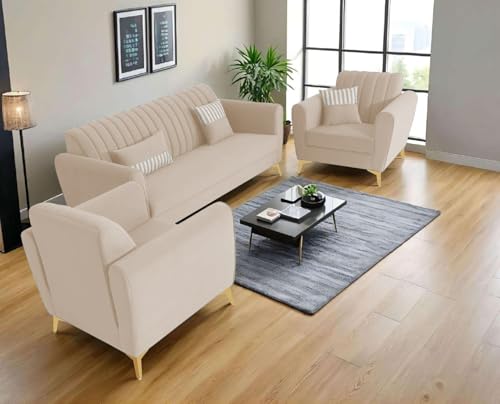 Image of Adorn India Premium Luster 3-1-1 Sofa Set | Velvet Suede Fabric | 3-Year Warranty | Color Cream with Golden Legs & Striped Pattern Cushion