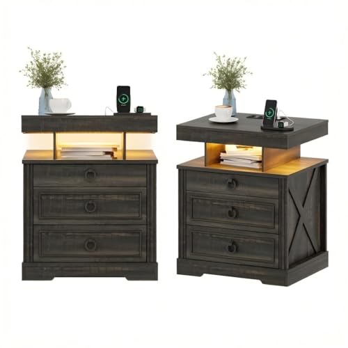 MDGC Nightstand Set 2 with Gun Drawer,LED Bedside Table with