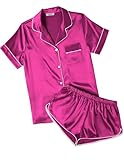 Ekouaer Womens Silk Satin Pajamas Short Sleeve Sleepwear Soft Button Down Loungewear 2 Piece PJS Shorts Set Hot Pink Small