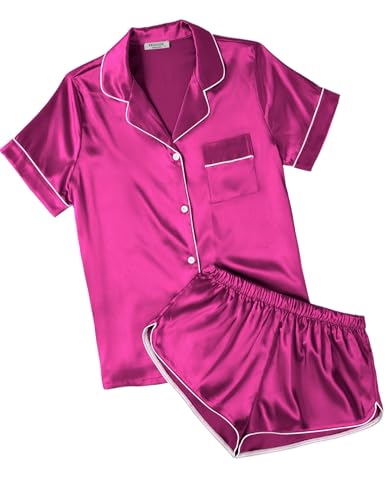 Ekouaer Womens Silk Satin Pajamas Short Sleeve Sleepwear Soft Button Down Loungewear 2 Piece PJS Shorts Set Hot Pink Large
