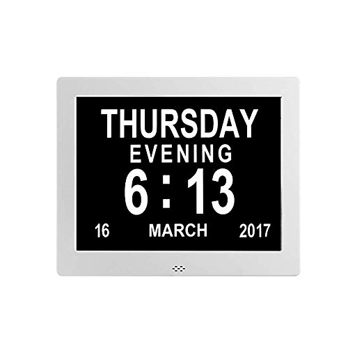 Digitale Kalender-Tagesuhr, automatisch dimmbares Display, großer, Nicht abgekürzter Tag und Monat mit 5 Alarm- und 3 Medikamentenerinnerungen für