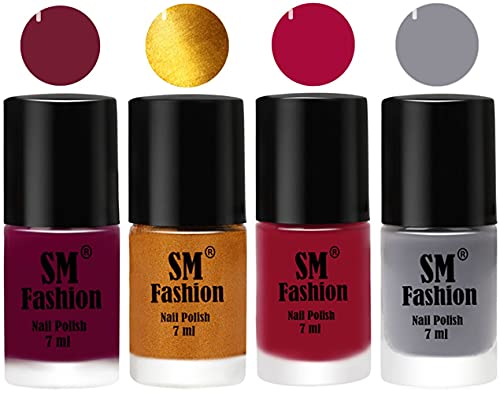 Image of Nail Polish Combo Set (Pack of 4) Quick Dry Gel Finish Nail Paint | Mulberry,Golden,Raspberry,Gray | 7 ml Each