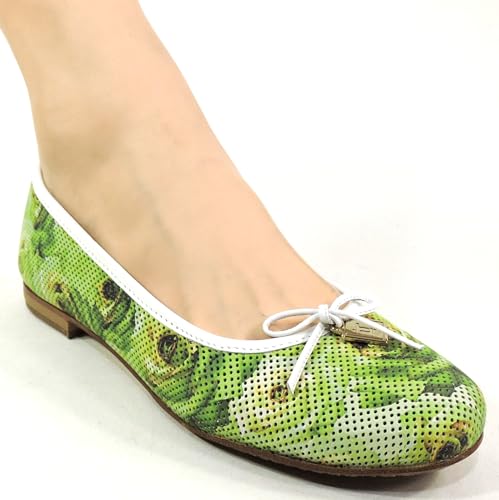 Women's Ballet Flats, Green Perforated Leather, Comfort Summer Loafers with White Bow Detail, Made in Italy3