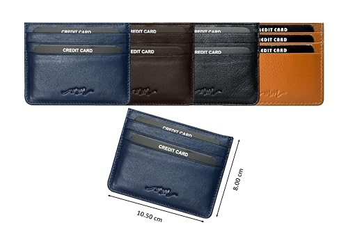 Image of MM Designs Slim and Compact Leather Credit Card Holder for Men and Women | Genuine Leather RFID Blocking Protection | Minimalist Card Wallet with 6 Card Slots (Navy Blue)