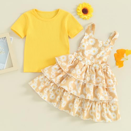 Image of Toddler Baby Girl Summer Clothes Kids Short Sleeve Solid T-Shirt Ruffle Daisy Skirts Overalls Dress Outfit 18M-6T