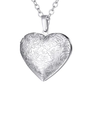 U7 Collier Femme Porte Photo Pendentif Médaillon Coeur Motif Fleur avec Chaîne Fine Réglable 55cm - Collier Ras de Cou Femme