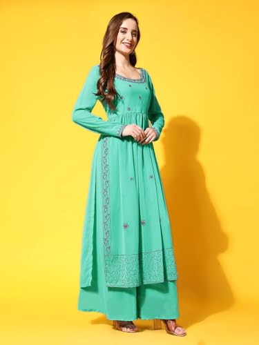 Image of PH POSHAKHUB Women A-Line Nyra Cut Kurta with Sharara in Georgette with Aari Work