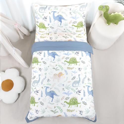 Image of Pea Pod Muslin Toddler Bedding Set 3-Piece - Soft Breathable Crib Bedding with Fitted Sheet, Quilt & Pillowcase for Infant & Kids Bed | Machine Washable Nursery Bed Set (Dinosaur)