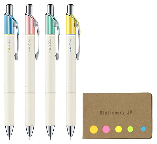Pentel EnerGel Clena Retractable Liquid Gel Pen, Micro Fine Point 0.3mm Needle Tip, 4 Color Body, Black Ink, 4-pack, Sticky Notes Value Set