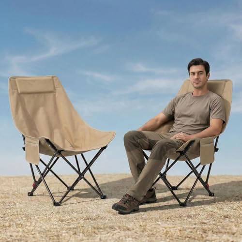 Image of Frevrons Foldable Camping Moon Chair with High Back - Lightweight Portable Outdoor Folding Chair Side Pocket - Heavy Duty X-Frame for Balcony, Garden, Hiking & Travel (Black)
