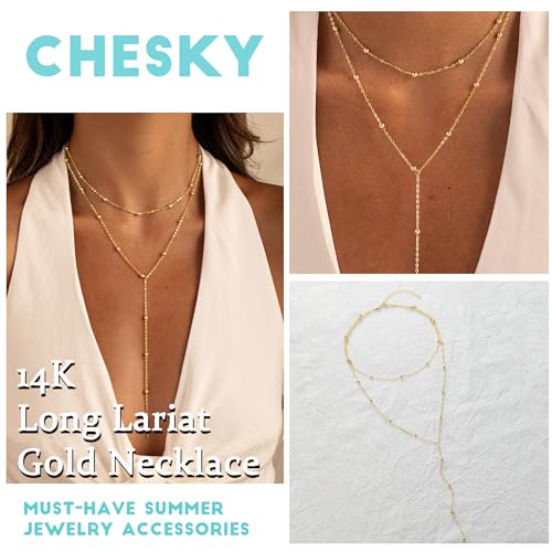 CHESKY Dainty Lariat Gold Necklace for Women, 14k Gold Plated/Silver Layered Long Necklaces Women Trendy Y-Shaped Pendant Necklaces Simple Beaded Drop Chain Necklace Jewelry Wedding4
