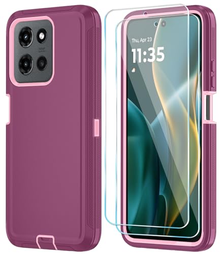 Qinmay Phone Case for Motorola Moto G 2025/Moto G Play 5G 2025 Case with HD Screen Protector, Heavy Duty Shockproof & Dropproof 3-Layer Cover Phone Case,WineRedPink