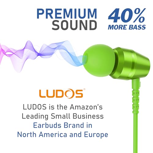 Image of LUDOS OMNITONE Wired Earbuds in-Ear Headphones, 5 Year Warranty, Earphones with Microphone, 3.5 mm Jack Corded Ear Buds, Videoconference for iPhone, Samsung, Laptop, Kids, School Students - Green