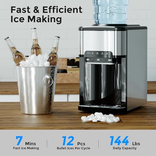 FZF Ice Maker Machine Countertop, 3 in 1 Portable Ice Maker with Hot/Cold Water Dispenser, 12 Cubes in 7 Mins Stainless Steel Nugget Ice Maker, 44Lbs in 24H Ice Cube Maker for Home Bar/Camping/RV